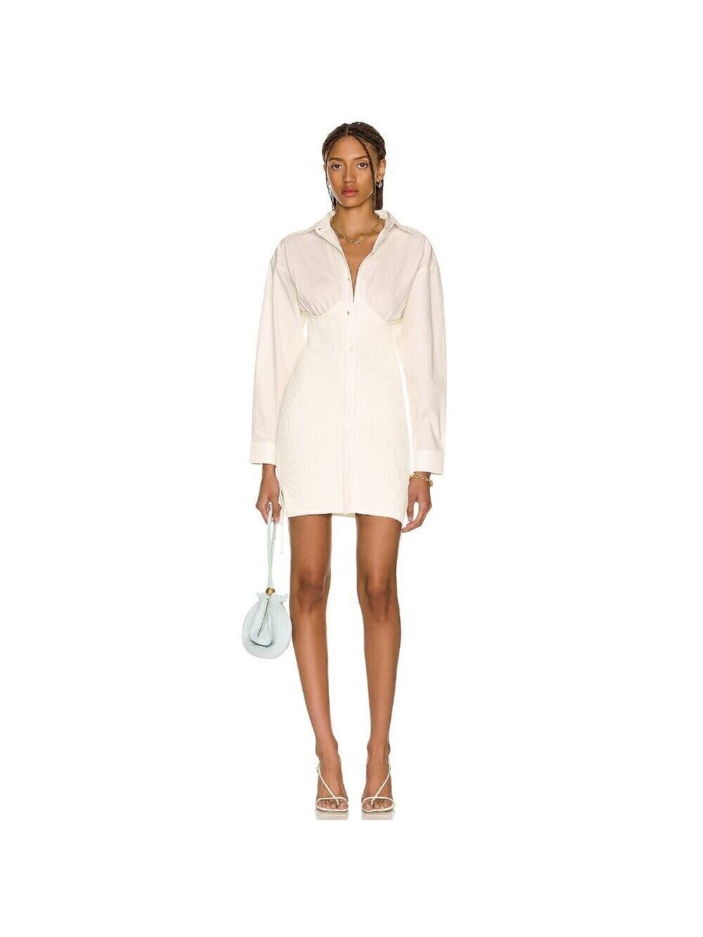 ANDREĀDAMO Cotton Mini Shirt Dress Ribbed Knit Bodycon XS Ivory MSRP $887 Luxury